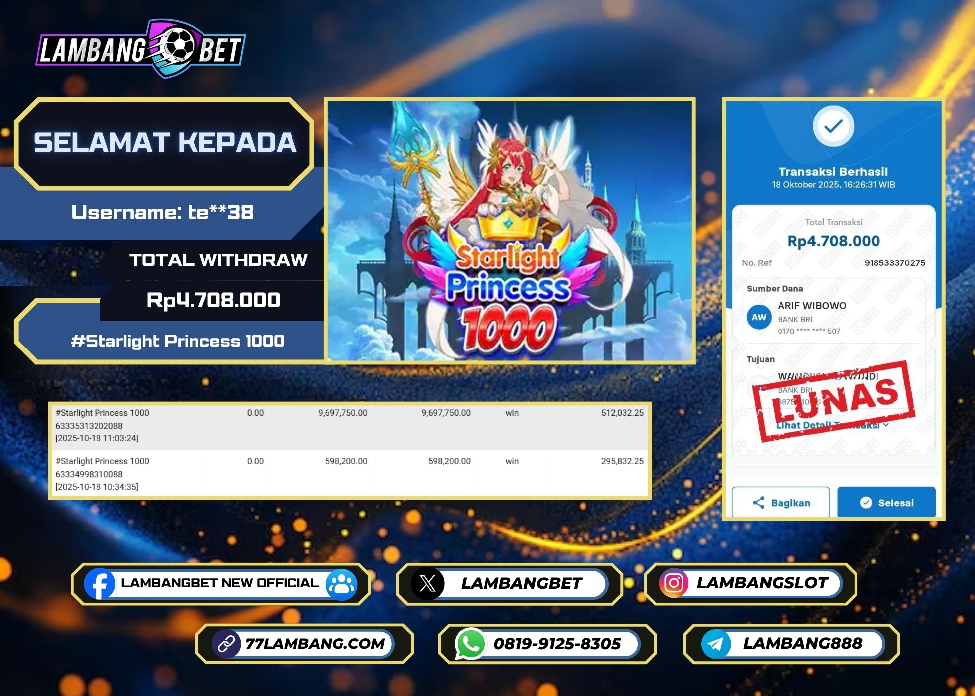 LAMBANGBET [18 OKTOBER 2025] JACKPOT SLOT Starlight Princess 1000 "Rp4.708.000" LUNAS